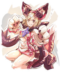  :d animal_costume animal_hands blonde_hair blush claws commentary_request cosplay costume djeeta_(granblue_fantasy) dragon_costume dragon_horns dragon_tail dress fake_horns fake_tail female gloves granblue_fantasy hair_between_eyes hairband haku_(sabosoda) horns looking_at_viewer open_mouth orange_eyes paw_gloves short_dress short_hair smile solo sparkle tail vyrn_(granblue_fantasy) vyrn_(granblue_fantasy)_(cosplay) 