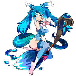  bare_shoulders blue_eyes blue_hair blush carbuncle_(p&amp;d) commentary_request female gloves long_hair personification puzzle_&amp;_dragons solo staff tail white_gloves zaxwu 