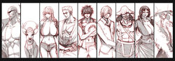  2girls 6+boys breasts brook_(one_piece) column_lineup commentary_request everyone formal franky_(one_piece) glasses hat highres huge_breasts image_sample large_breasts long_hair monkey_d._luffy monochrome multiple_boys multiple_girls nami_(one_piece) nico_robin one_piece photoshop_(medium) pixiv_sample q_azieru roronoa_zoro sanji_(one_piece) scar short_hair straw_hat straw_hat_pirates sword tony_tony_chopper usopp weapon 