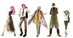  4boys alternate_costume argilla blue_eyes blue_hair cielo digital_devil_saga female gale_(dds) green_eyes green_hair grey_eyes grey_hair heat_(dds) multiple_boys pink_eyes pink_hair posing red_eyes red_hair serph 