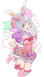  animal_ears character_name commentary_request disneyland easter_wonderland end_bunny_(disney) female flower gloves hat heart mattie one_eye_closed purple_hair rabbit_ears solo yellow_eyes 