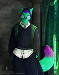  2017 anthro canid canine clothing eyewear fox glasses harry_potter_(series) hogwarts_uniform keisha_makainn male mammal school_uniform slytherin smile smirk solo uniform untucked_shirt 