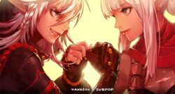  2girls bad_id bad_twitter_id blue_eyes blunt_bangs braid breasts cleavage dark-skinned_female dark_skin dungeon_and_fighter earrings fingerless_gloves gloves grin highres jewelry kim_hana kunoichi_(dungeon_and_fighter) multiple_girls pinky_swear pointy_ears shadow_dancer_(dungeon_and_fighter) side_ponytail small_breasts smile teeth thief_(dungeon_and_fighter) white_hair 