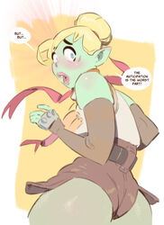  1girls ass blonde_hair blue_eyes elijah_pink female female_only green_skin half-orc jorcelyn josie_(elijah_pink) leather orc orc_female original_character simple_background speech_bubble text tied_hair 