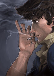  1boy brown_hair cigarette cowboy_bebop male_focus necktie pinky_out profile realistic smoke smoking solo spike_spiegel tom_waterhouse traditional_media 