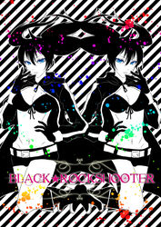  absurdres bad_id bad_pixiv_id bikini bikini_top_only black_hair black_rock_shooter black_rock_shooter_(character) black_shorts blue_eyes boots breasts cape cleavage female gloves highres large_breasts no_shirt photoshop_(medium) scar shorts soga_(dirty69star) swimsuit twintails 