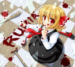  baseball_bat blonde_hair blush broken_glass character_name club_(weapon) commentary_request dead_rising dead_rising_2 female glass hair_ribbon highres hiiragi_tomoka ketchup licking licking_finger nail nail_bat red_eyes ribbon rumia short_hair solo tomato_sauce tongue touhou weapon wrench 