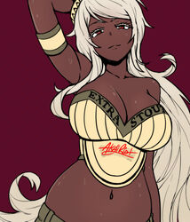  akairiot arm_up armband bare_shoulders bottle_cap breasts bustier cleavage commentary curvy dark-skinned_female dark_skin english_commentary eyelashes female guinness_(beer) hair_ornament large_breasts long_hair navel original personification red_background red_eyes signature simple_background solo sweat very_long_hair white_hair 