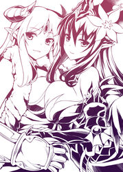  2girls bare_shoulders breast_press breasts commentary_request ff_gradient flower gauntlets gradient grin hair_flower hair_ornament horns large_breasts long_hair looking_at_viewer monochrome multiple_girls mushi024 persephone_(p&amp;d) pointy_ears puzzle_&amp;_dragons smile symmetrical_docking tiara wicked_lady_(p&amp;d) 