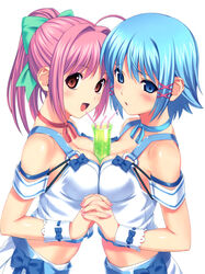  2girls absurdres between_breasts blue_eyes blue_hair blush bow breast_press breasts choker cleavage crop_top drink drinking_straw hairbow highres himuro_rikka hinata_hanabi holding_hands interlocked_fingers koutaro medium_breasts melon_soda midriff multiple_girls o-ring o-ring_top ponytail red_eyes red_hair simple_background symmetrical_docking tropical_kiss waitress wrist_cuffs 