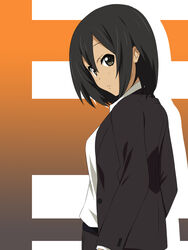  black_eyes black_hair business_suit commentary_request extra female formal from_behind from_side ikari_manatsu k-on! looking_at_viewer looking_back makigami_kimiko photoshop_(medium) short_hair solo standing suit tan upper_body 