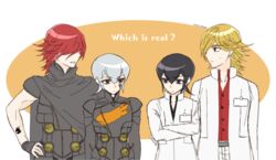  2boys black_hair blonde_hair digital_devil_saga dual_persona grey_eyes grey_hair hair_over_one_eye heat_(dds) red_hair serph shin_megami_tensei 