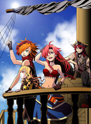  2boys 2girls artist_request ballista_(sekaiju) ballista_4_(sekaiju) cloud day earrings eyepatch fingerless_gloves gloves jewelry midriff multiple_boys multiple_girls pirate_(sekaiju) pirate_1_(sekaiju) red_hair sekaiju_no_meikyuu sekaiju_no_meikyuu_3 sharp_teeth ship sky teeth warrior_(sekaiju) warrior_3_(sekaiju) watercraft zodiac_(sekaiju) zodiac_4_(sekaiju) 