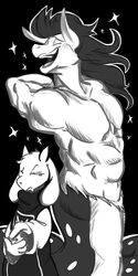  aaron_(undertale) anthro bonusjosh boss_monster_(undertale) bovid caprine duo equid equine european_mythology female fish flexing greek_mythology hi_res hippocampus horse male mammal marine monochrome muscular mythology smile toriel undertale undertale_(series) 