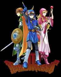  2boys armor blonde_hair boots chainmail dragon_quest dragon_quest_ii female gloves goggles goggles_on_head high_heels hinafuru hood long_hair multiple_boys prince_of_lorasia prince_of_samantoria princess_of_moonbrook purple_eyes shield shoes staff sword weapon 