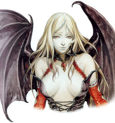  annette_(castlevania) blonde_hair breasts castlevania castlevania:_dracula_x_chronicles corruption corset dark_persona female female jewelry large_breasts lips official_art pale_skin red_eyes ruby simple_background solo succubus tattoo vampire wings 