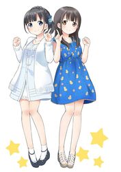  2girls black_hair blue_dress blue_eyes braid brown_eyes cardigan casual clenched_hand commentary_request dress index_finger_raised jewelry koa multiple_girls necklace open_cardigan open_clothes real_life sakura_ayane sandals shoes side-by-side smile socks star_(symbol) striped_clothes striped_dress uchida_maaya voice_actor white_legwear 