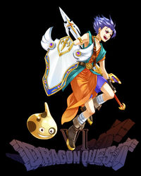  1boy :d armlet bandages belt belt_buckle black_background blue_hair boots buckle colored_skin copyright_name dragon_quest dragon_quest_vi earrings fingerless_gloves gem gloves grin hero_(dq6) hinafuru holding huge_weapon jewelry jumping looking_away male_focus monster mottle_slime neck_ring open_mouth profile red_eyes robe shield shield_of_valora shorts simple_background sleeveless smile spiked_hair sword sword_of_ramias weapon yellow_skin 