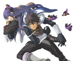  2boys armor ayumiso black_eyes black_hair boots bracelet carrying carrying_over_shoulder commentary_request damuron_atomaisu gloves green_eyes grey_footwear jewelry knee_boots long_hair male_focus multiple_boys ponytail raven_(tales) tales_of_(series) tales_of_vesperia white_background yuri_lowell 