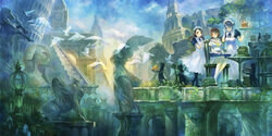  3girls bird book commentary dove feline highres leaning_tower_of_pisa maid multiple_girls original outdoors ruins school_uniform sky sphinx statue surreal table yoshiku_(oden-usagi) 