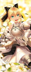  :d ahoge armor armored_boots armored_dress artist_name artoria_pendragon_(fate) bad_id bad_pixiv_id black_bow blonde_hair boots bow briska bud caliburn_(fate) detached_sleeves dress fate/unlimited_codes fate_(series) female flower gauntlets green_eyes hair_between_eyes hairbow holding holding_sword holding_weapon lily_(flower) long_hair name_connection object_namesake open_mouth photoshop_(medium) ponytail saber_lily sleeveless sleeveless_dress smile solo sword weapon white_dress white_flower white_legwear white_lily 