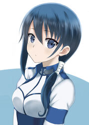  black_hair blue_background blue_eyes commentary_request female hai_to_gensou_no_grimgar hair_between_eyes highres long_hair looking_at_viewer merry_(grimgar) photoshop_(medium) solo two-tone_background upper_body white_background xingnai 