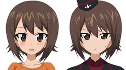  age_comparison aged_down ashiwara_yuu blush brown_hair collarbone commentary_request eyebrows female garrison_cap girls_und_panzer hat kuromorimine_military_uniform military military_uniform multiple_views nishizumi_maho open_mouth portrait short_hair simple_background sweatdrop uniform white_background 