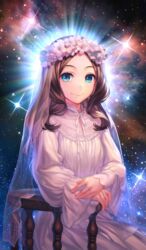  bad_source blue_eyes brown_hair chair commentary_request craft_essence_(fate) dress fate/grand_order fate_(series) female fine_art_parody flower hair_flower hair_ornament head_wreath leonardo_da_vinci_(bella_lisa)_(fate) leonardo_da_vinci_(fate) leonardo_da_vinci_(rider)_(fate) long_dress long_hair looking_at_viewer mona_lisa nebula official_art on_chair parody partial_commentary simosi sitting sky smile solo star_(sky) starry_sky three_quarter_view veil white_dress 