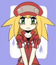  blonde_hair cabbie_hat commentary_request crying crying_with_eyes_open duplicate female frown green_eyes hat jacket long_hair looking_at_viewer mega_man_(series) mega_man_legends_(series) mega_man_legends_3 muu_(mumumer) pixel-perfect_duplicate red_jacket roll_caskett_(mega_man) short_sleeves solo tears 