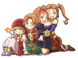  4girls ;d barbara_(dq6) bare_shoulders belt black_dress blonde_hair blue_eyes braid breasts brown_footwear brown_hair collarbone commentary_request dragon_quest dragon_quest_vi dragon_quest_vii dragon_quest_viii dragon_quest_xi dress earrings gloves green_eyes grin high_ponytail highres jessica_albert jewelry large_breasts layered_dress long_hair looking_at_viewer magic maribel_(dq7) multicolored_eyes multiple_girls one_eye_closed open_mouth orange_eyes orange_hair ponytail purple_eyes purple_shirt red_dress red_eyes red_skirt sharp_teeth shirt shoes sitting skirt smile teeth twin_braids twintails v veronica_(dq11) white_background white_dress yellow_gloves zatou_(kirsakizato) 