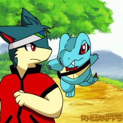  1:1 angry anthro bow_tie compression_artifacts crocodilian duo generation_2_pokemon grass male nintendo plant pokemon pokemon_(species) quilava reptile rk scalie story story_in_description totodile tree 