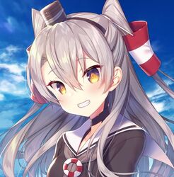  amatsukaze_(kancolle) blue_sky brown_dress brown_eyes cloud commentary_request day dress female grey_hair grey_neckerchief grin hair_tubes hat kantai_collection lifebuoy long_hair looking_at_viewer mini_hat neckerchief sailor_collar sailor_dress short_dress sky smile solo swim_ring tahya tilted_headwear two_side_up upper_body white_sailor_collar 