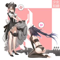  2girls agent_(girls&#039;_frontline) anger_vein architect_(girls&#039;_frontline) ass bad_id bad_pixiv_id black_footwear black_gloves black_hair black_panties black_thighhighs clothes_lift copyright_name double_bun dress dress_lift electric_fan frilled_dress frills full_body girls&#039;_frontline gloves hair_bun heart heifetz high_heels kneeling lifting_own_clothes looking_at_viewer maid maid_headdress multiple_girls mundane_utility panties pink_eyes puffy_short_sleeves puffy_sleeves sangvis_ferri shoes short_hair short_sleeves spoken_anger_vein spoken_heart standing stirrup_legwear thighhighs toeless_legwear underwear wind yellow_eyes 