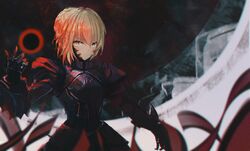  absurdres armor artoria_pendragon_(fate) bad_id bad_twitter_id blonde_hair braid braided_bun breastplate commentary fate/grand_order fate_(series) female full_armor gauntlets glowing hair_between_eyes hair_bun highres pauldrons saber_alter shoulder_armor solo tifg39 upper_body yellow_eyes 