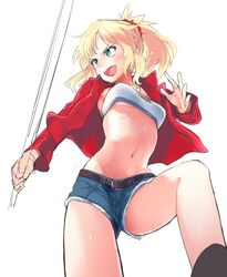  belt blonde_hair breasts commentary_request cutoffs denim denim_shorts fangs fate/apocrypha fate_(series) female from_below green_eyes jacket long_hair medium_breasts midriff mordred_(fate) mordred_(fate/apocrypha) mordred_(memories_at_trifas)_(fate) mozu_(peth) ponytail red_jacket short_shorts shorts solo 