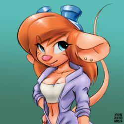  1:1 2018 anthro bangs big_ears blonde_hair blue_eyes breasts chip_&#039;n_dale_rescue_rangers cleavage clothed clothing color_edit colored disney ear_piercing eyewear eyewear_on_head female fur gadget_hackwrench goggles goggles_on_head gradient_background hair half-closed_eyes half-length_portrait jumpsuit lips long_hair looking_at_viewer mammal midriff mouse murid murine narrowed_eyes navel open_jumpsuit orange_hair overalls piercing pink_nose portrait rodent simple_background smile solo sr tan_body tan_fur third-party_edit xylas 