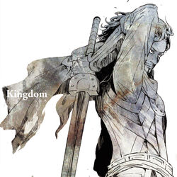  1boy armor beard cape commentary_request facial_hair kingdom_(series) limited_palette long_hair male_focus manly moustache solo sword tori_(69smith) tou_(kingdom) weapon 