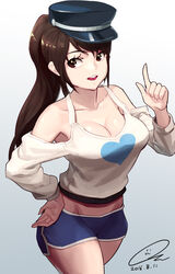  absurdres breasts brown_eyes brown_hair cleavage commentary_request cowboy_shot female gradient_background hat highres long_hair medium_breasts midriff open_mouth original oz_(gerbera7) photoshop_(medium) ponytail short_shorts shorts simple_background smile solo tank_top white_background 