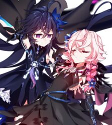  2girls angellyuna braid commentary_request daydreamer_(elsword) dress elbow_gloves elsword flower gloves hair_flower hair_ornament korean_commentary laby_(elsword) long_hair multiple_girls nisha_(elsword) nisha_labyrinth_(elsword) sleeping smile 