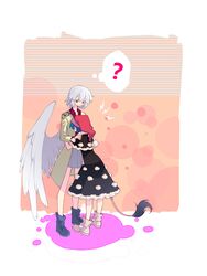  2girls ? blue_hair boots chinese_commentary commentary_request doremy_sweet grey_hair hat highres hug kishin_sagume ko_kita multiple_girls nightcap pom_pom_(clothes) red_eyes short_hair simple_background standing tail touhou wings yuri 