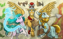  16:10 armor cutie_mark equid equine female flash_magnus_(mlp) friendship_is_magic galea group hasbro horn horse inuhoshi-to-darkpen magic male mammal melee_weapon mistmane_(mlp) my_little_pony mythological_creature mythological_equine mythology pegasus polearm pony rockhoof_(mlp) spear unicorn weapon widescreen wings 