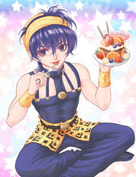  1boy baitu blueberry cake cherry commentary_request food fork fruit hairband holding indian_style jojo_no_kimyou_na_bouken licking male_focus narancia_ghirga orange_(fruit) photoshop_(medium) plate purple_eyes purple_hair sitting solo star_(symbol) starry_background strawberry tongue tongue_out wafer_stick whipped_cream wristband 