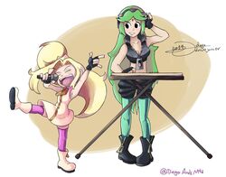  2girls blonde_hair breasts cleavage commentary cosplay diegoandsmtz green_hair highres kid_icarus kid_icarus_uprising marina_(splatoon) marina_(splatoon)_(cosplay) microphone multiple_girls palutena pantyhose pearl_(splatoon) pearl_(splatoon)_(cosplay) splatoon_(series) splatoon_2 super_smash_bros. viridi 