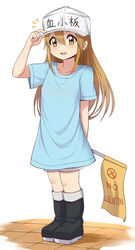  absurdres baseball_cap blush boots brown_eyes caibao_return chinese_commentary collarbone commentary_request female flag full_body hair_between_eyes hat hat_tip hataraku_saibou highres light_brown_hair long_hair oversized_clothes oversized_shirt partial_commentary photoshop_(medium) platelet_(hataraku_saibou) rubber_boots shirt shorts smile solo 