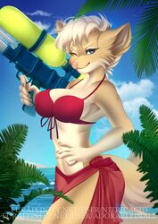  2018 5_fingers adorableinall anthro bikini canid canine clothing digital_media_(artwork) eyelashes female fingers fur hi_res looking_at_viewer mammal nitricacid pink_nose smile solo swimwear tan_body tan_fur 