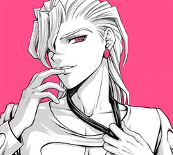  1boy baitu clothing_cutout collarbone commentary_request earrings food-themed_earrings hair_over_one_eye jewelry jojo_no_kimyou_na_bouken loose_necktie male_focus monochrome naughty_face neck necktie pannacotta_fugo photoshop_(medium) pink_background pink_eyes profile simple_background smile solo spot_color strawberry_earrings upper_body vento_aureo 