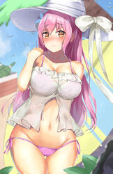  3: azur_lane bare_shoulders bikini bikini_under_clothes bikini_visible_through_clothes blue_sky blurry blurry_foreground blush bow breasts brown_eyes cleavage cloud collarbone commentary day depth_of_field female fish groin hair_between_eyes hand_up hat highres houraku large_breasts long_hair navel nose_blush official_alternate_costume outdoors palm_tree pink_bikini pink_hair quincy_(azur_lane) quincy_(sizzling_summer_brisk_breeze)_(azur_lane) ribbon see-through side-tie_bikini_bottom sky solo strapless sun_hat swimsuit thigh_gap tree very_long_hair white_bow white_hat white_ribbon 