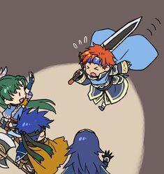  2boys 2girls armor axe blue_eyes blue_hair cape chibi closed_eyes collarbone commentary_request cosplay durandal_(fire_emblem) eliwood_(fire_emblem) eliwood_(fire_emblem)_(cosplay) fire_emblem fire_emblem:_path_of_radiance fire_emblem:_the_binding_blade fire_emblem:_the_blazing_blade fire_emblem_awakening fire_emblem_heroes greil greil_(cosplay) headband holding holding_weapon ike_(brave_mercenary)_(fire_emblem) ike_(fire_emblem) kita_senri long_hair lucina_(brave_princess)_(fire_emblem) lucina_(fire_emblem) lyn_(brave_lady)_(fire_emblem) lyn_(fire_emblem) multiple_boys multiple_girls red_hair roy_(brave_lion)_(fire_emblem) roy_(fire_emblem) short_hair smile sword tiara very_long_hair weapon 