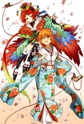  2girls ahoge armor benienma_(fate) benienma_(third_ascension)_(fate) bird blue_kimono bow camellia_print cherry_blossoms commentary_request eurasian_tree_sparrow falling_flower falling_petals fate/grand_order fate_(series) feather-trimmed_sleeves floral_print flower fruit_print fujimaru_ritsuka_(female) fujimaru_ritsuka_(female)_(ceremonial_new_year) geta greaves green_bow japanese_clothes kimono low_ponytail multiple_girls official_alternate_costume oiun okobo orange_eyes orange_hair petals red_eyes red_hair sandals short_hair side_ponytail smile sparrow thighhighs waist_bow white_flower 