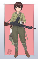  ankle_boots ankle_wrap bayonet boots brown_eyes commentary_request female frown full_body gloves gun gun_sling hat highres holding holding_clothes holding_hat imperial_japanese_army japan machine_gun md5_mismatch military military_uniform original pink_background puttee resolution_mismatch serious short_hair signature simple_background sino_(mechanized_gallery) soldier solo source_smaller type_96_light_machine_gun uniform unworn_hat unworn_headwear weapon white_gloves world_war_ii 